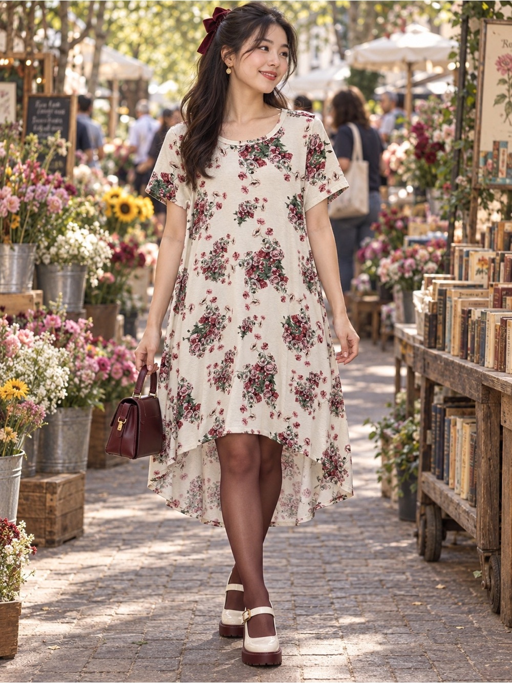 LuLaRoe Cream Floral Hi-Low Dress with Red & Green Bouquet Print